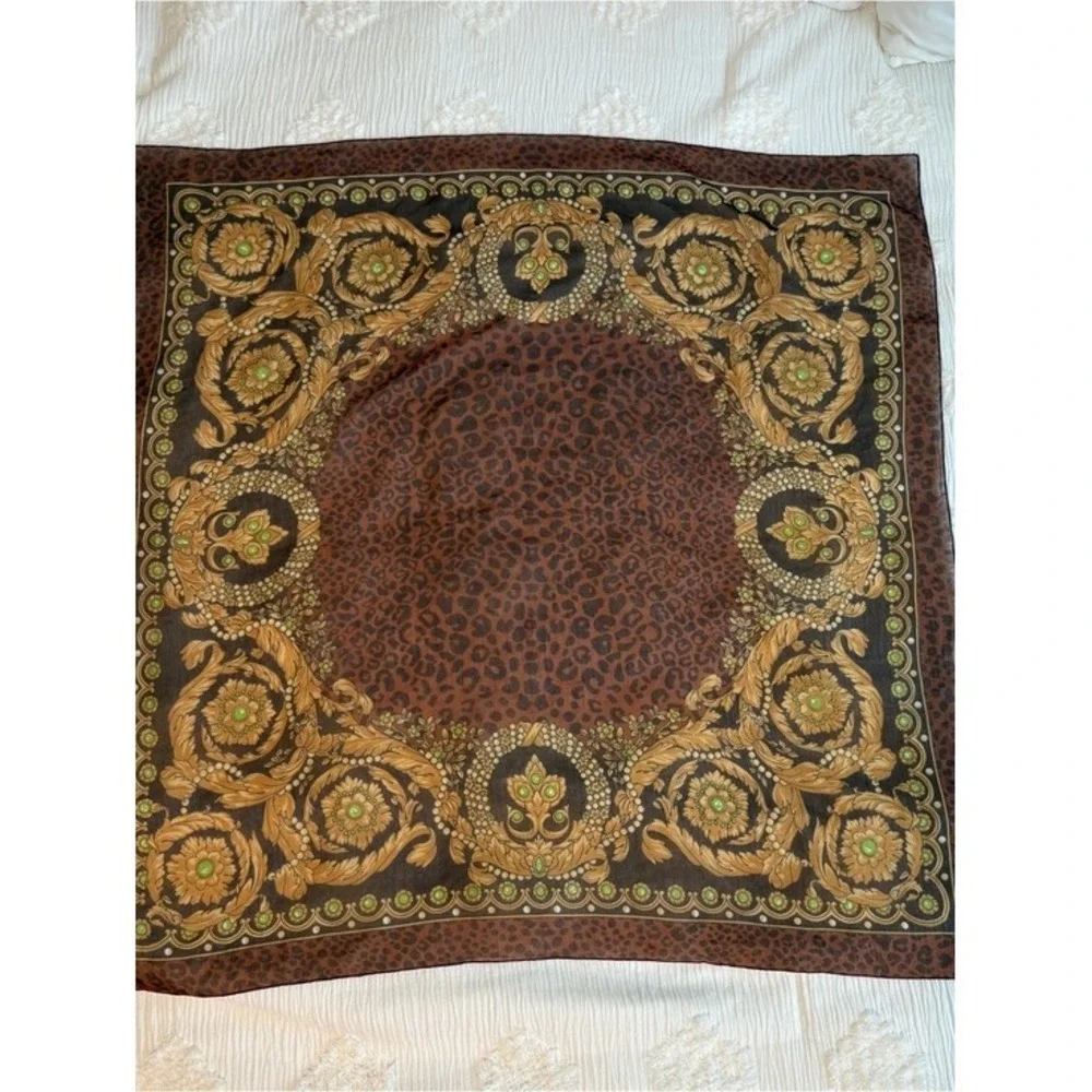 Vintage Baroque Leopard Print Square Scarf Gold Green Brown Animal‎ Print 34x34